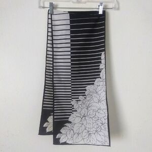 Vintage Nasharr Scarf, Made in Japan, Black & White Stripes and Leaf Print